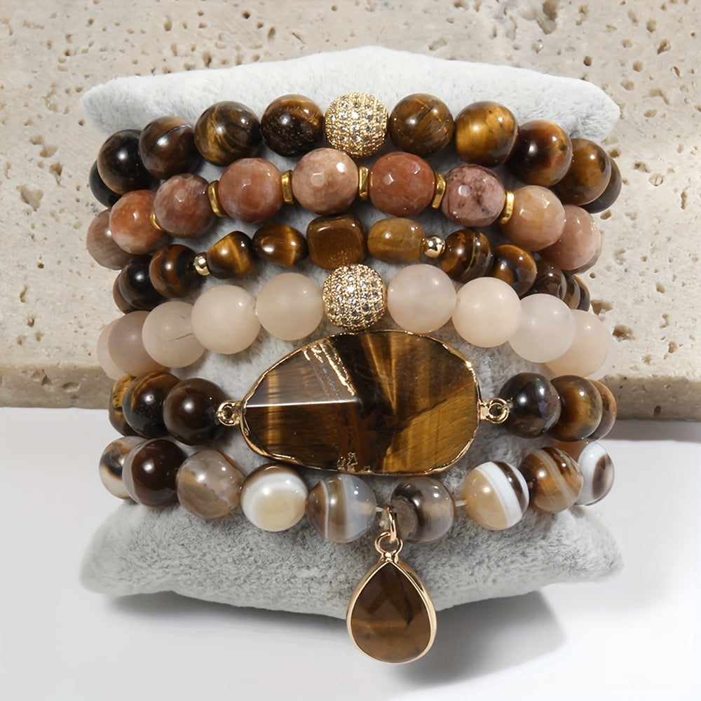 Boho Beaded Tiger Eye Crystal Bracelet 5pcs Set, Stackable Multi-Layer Handmade Stretch Bracelets, Classic Design For Daily And Vacation Wear-Bohemian Elegant Style Suitable For Women