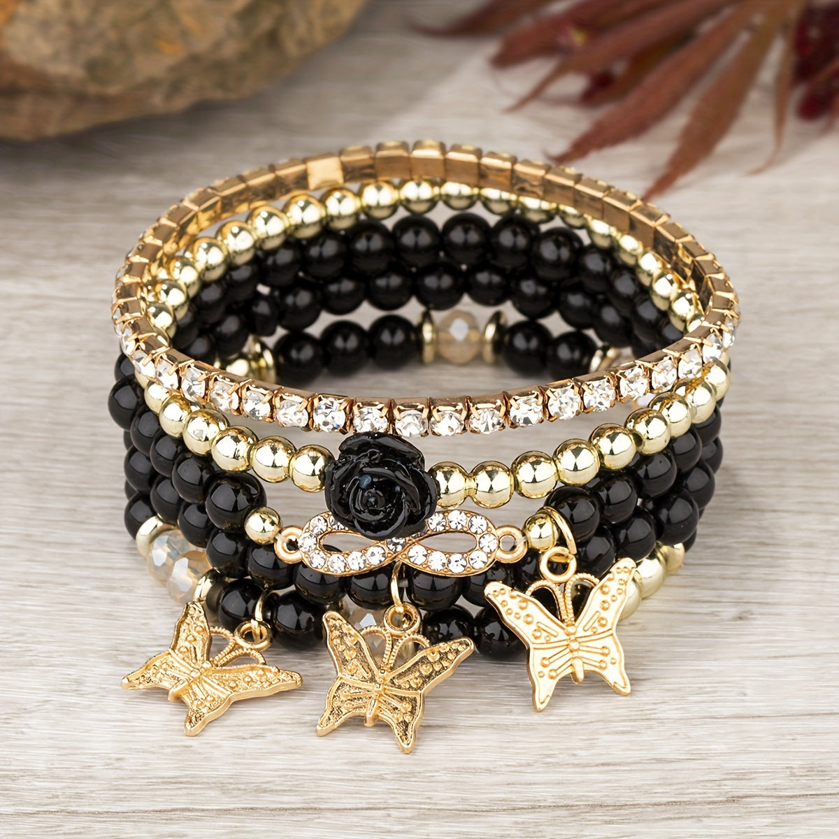 Boho Butterfly Couple Bracelet Set – 5‑Piece Beaded Stretch Bracelets with Infinity Charms in black