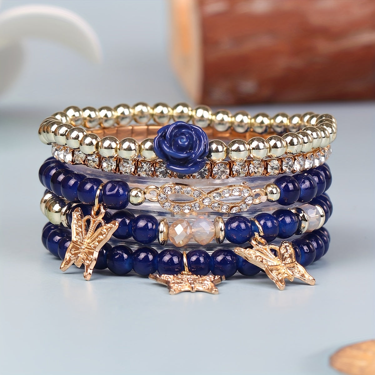 Boho Butterfly Couple Bracelet Set – 5‑Piece Beaded Stretch Bracelets with Infinity Charms in blue