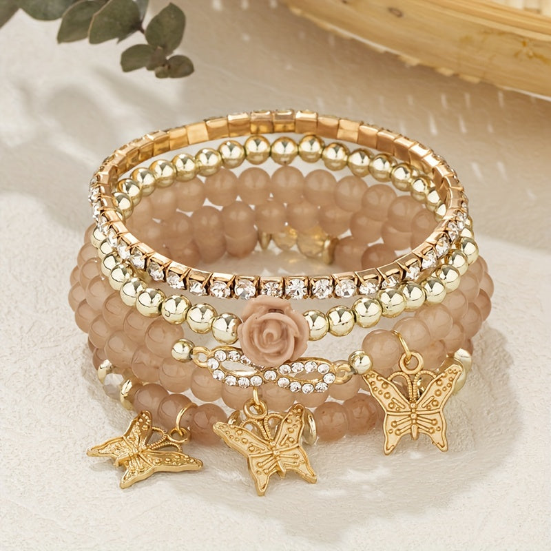 Boho Butterfly Couple Bracelet Set – 5‑Piece Beaded Stretch Bracelets with Infinity Charms in coffee color.