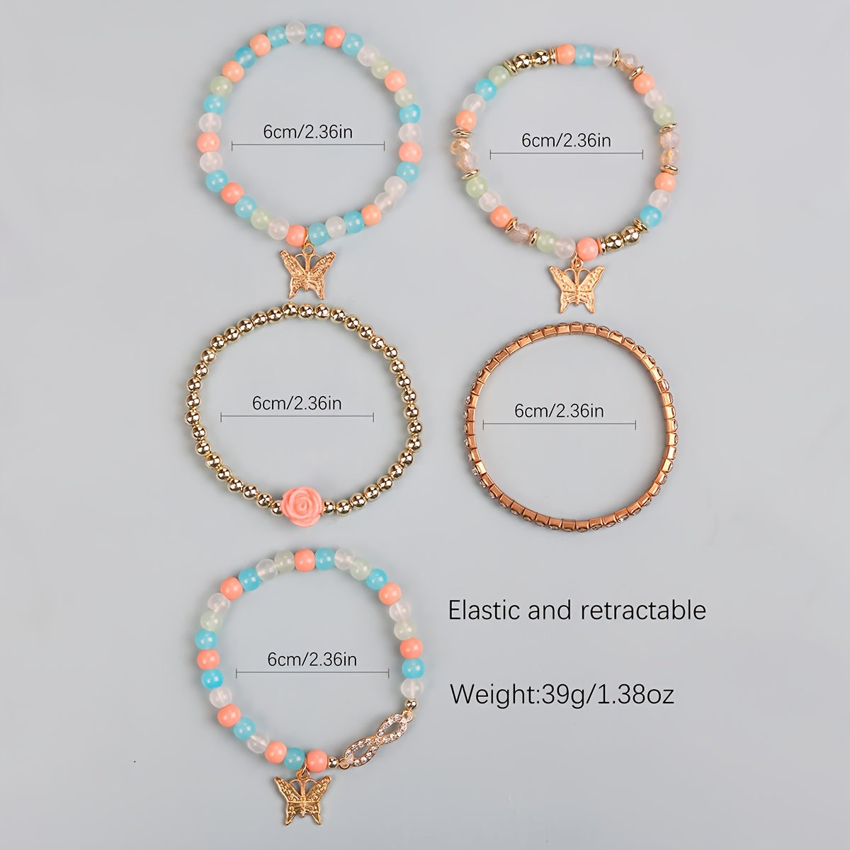 Boho Butterfly Couple Bracelet Set – 5‑Piece Beaded Stretch Bracelets with Infinity Charms with measurements.