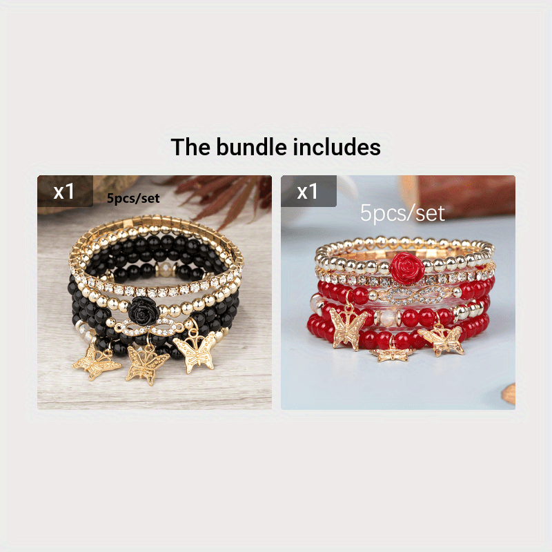 Boho Butterfly Couple Bracelet Set – 5‑Piece Beaded Stretch Bracelets with Infinity Charms black and red pair.