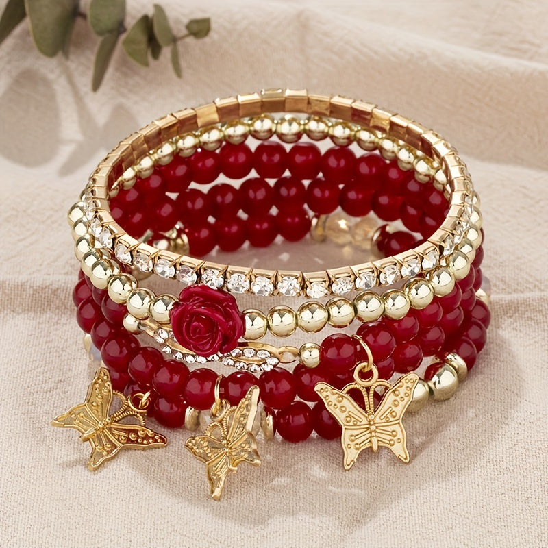 Boho Butterfly Couple Bracelet Set – 5‑Piece Beaded Stretch Bracelets with Infinity Charms in red.