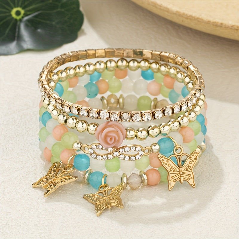 Boho Butterfly Couple Bracelet Set – 5‑Piece Beaded Stretch Bracelets with Infinity Charms beach colors