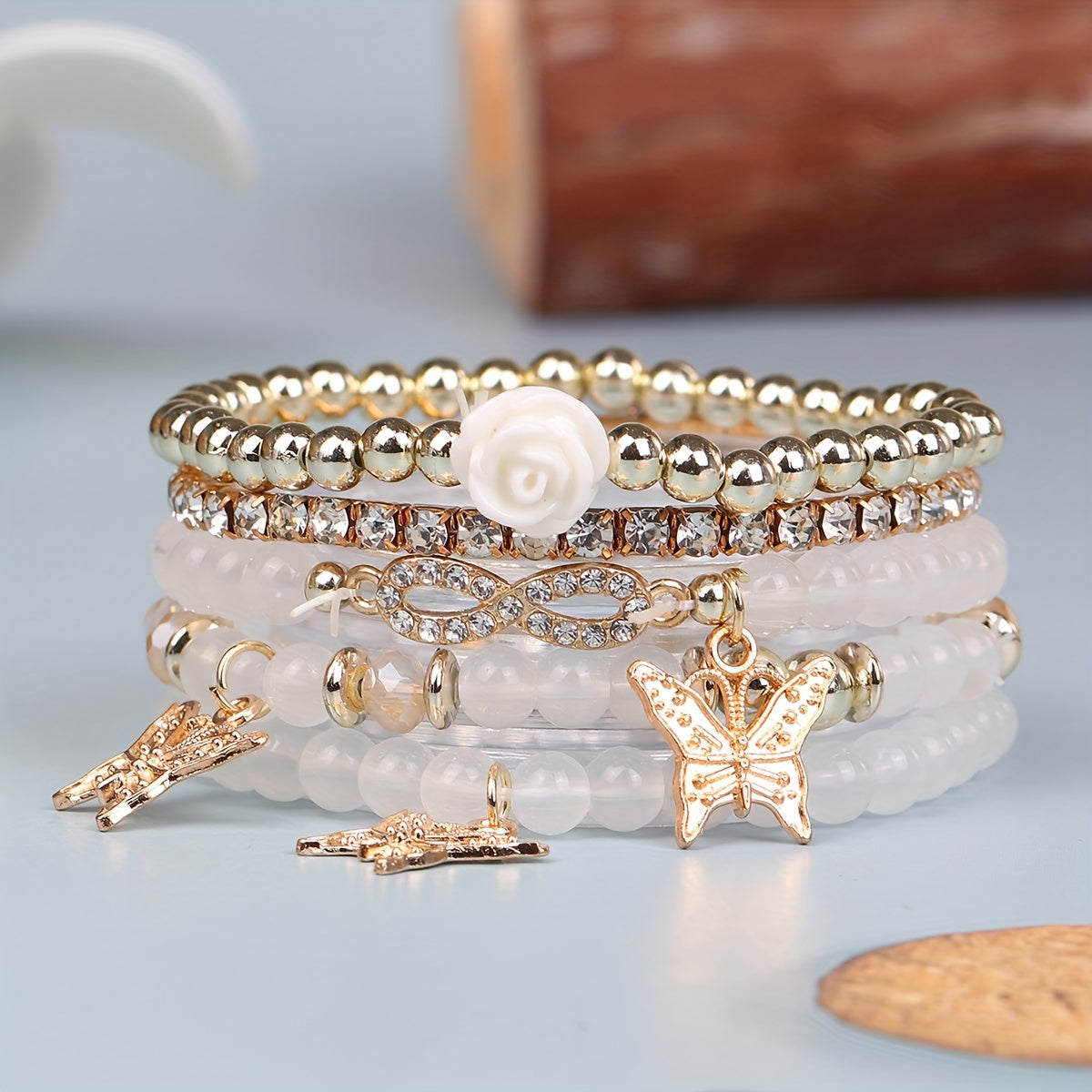 Boho Butterfly Couple Bracelet Set – 5‑Piece Beaded Stretch Bracelets with Infinity Charms in white