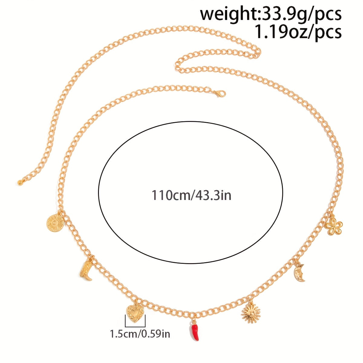 Boho gold charm waist chain with sun heart moon boot floral charms and red accent drop on polished gold tone chain