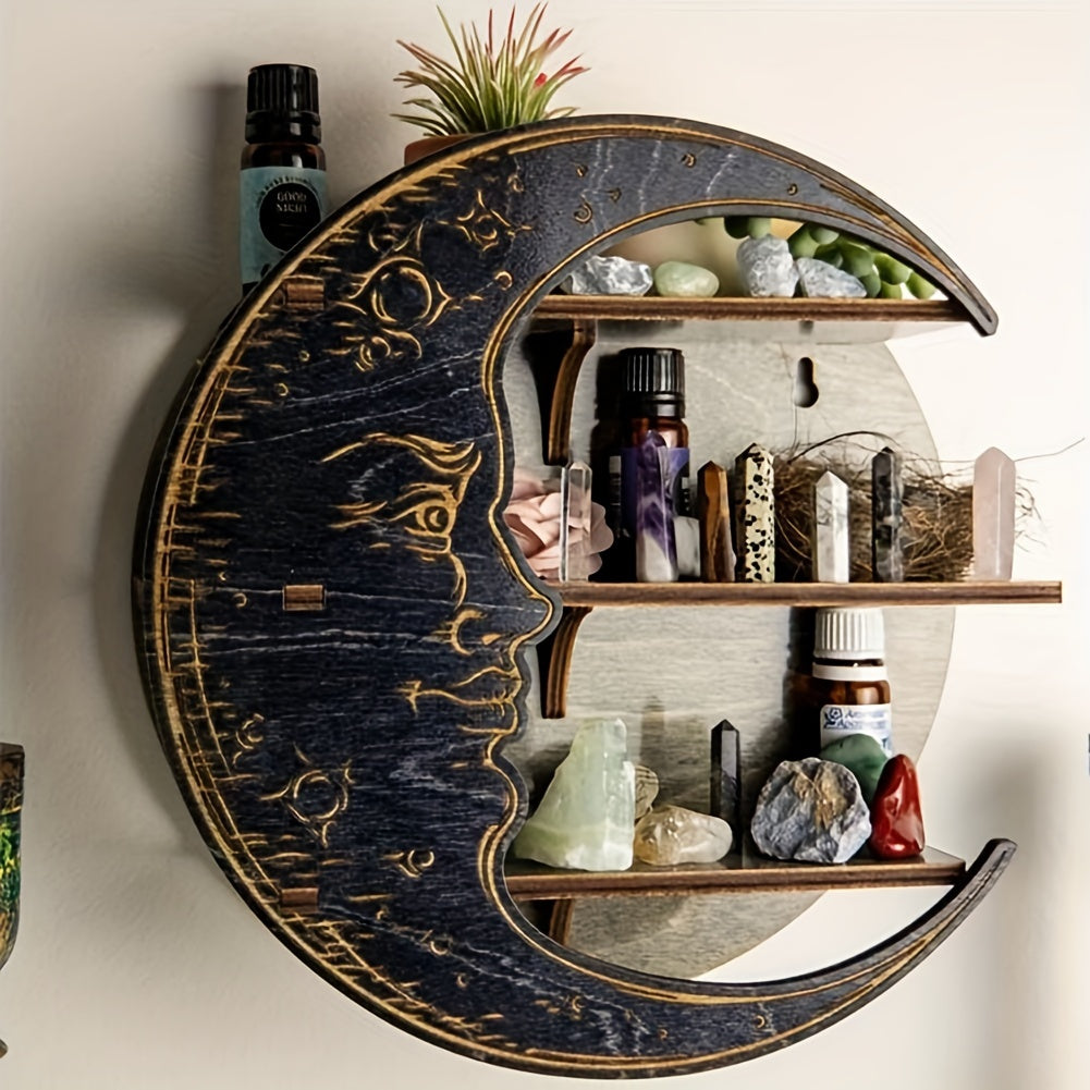 Decorative wall shelf shaped like a face with shelves holding various items.
