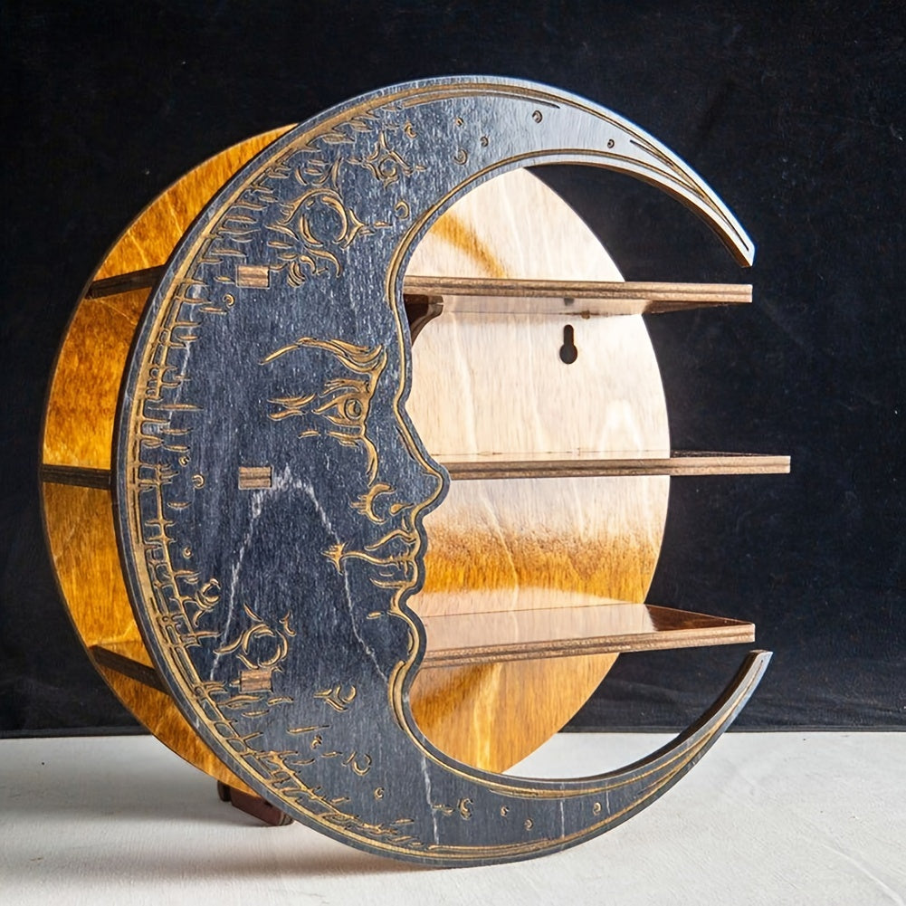 wooden wall shelf crescent moon face motif with three shelves.