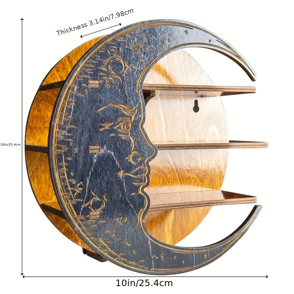 decorative wooden crescent moon, man in the moon face wall shelf. With three shelves and displayed measurements. 