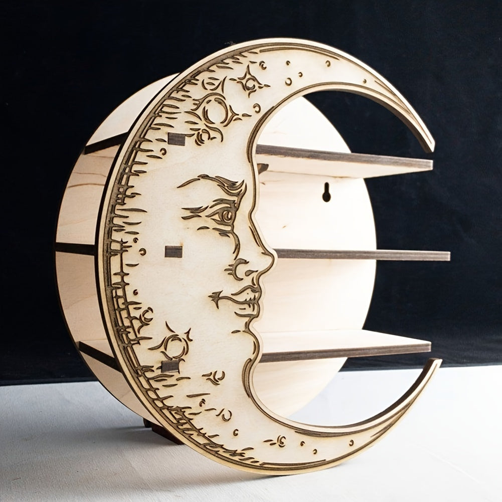 unpainted decorative wooden wall shelf shaped like a man in the moon crescent moon face.