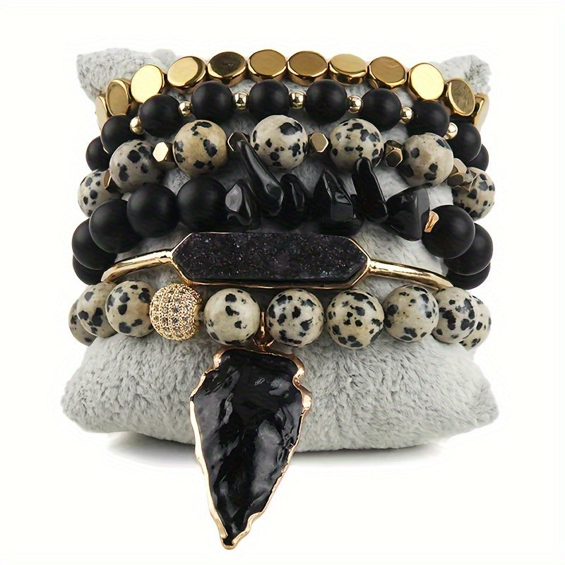 Boho Natural Stone Bracelet Set – 6‑Piece Druzy Charm Stretch Bracelets in Brown & Black 