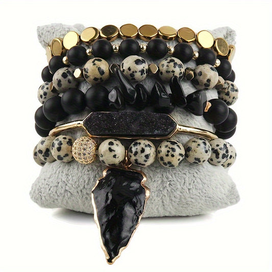 Boho Natural Stone Bracelet Set – 6‑Piece Druzy Charm Stretch Bracelets in Brown & Black 