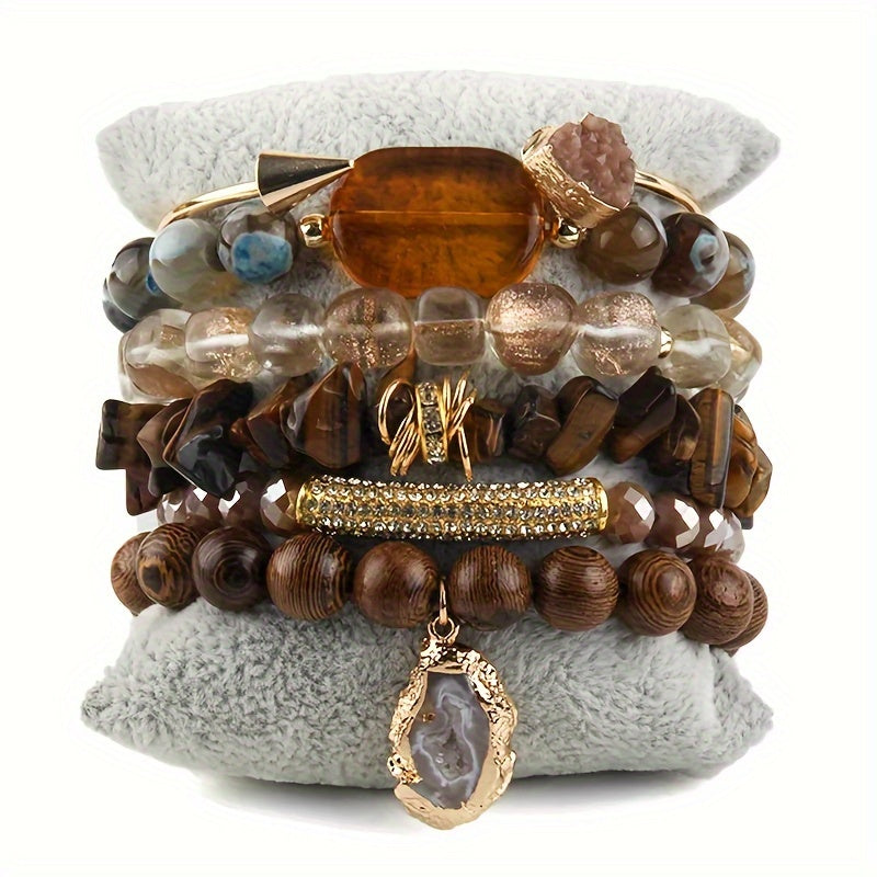 Boho Natural Stone Bracelet Set – 6‑Piece Druzy Charm Stretch Bracelets in Brown & Black 