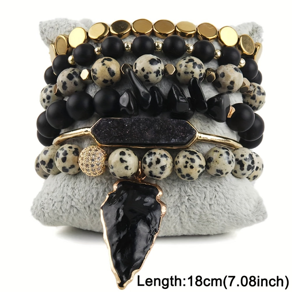 Boho Natural Stone Bracelet Set – 6‑Piece Druzy Charm Stretch Bracelets in Brown & Black measurements