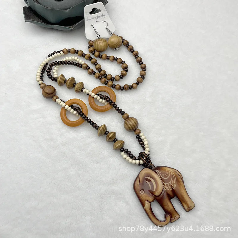 Boho Wooden Pendant Necklace – Long Beaded Sweater Chain for Women - Clover's Charm