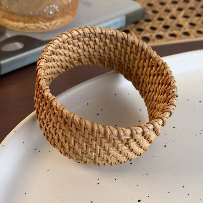 Boho woven wood bracelet bamboo rattan bangle bracelet close up with woven wood detail