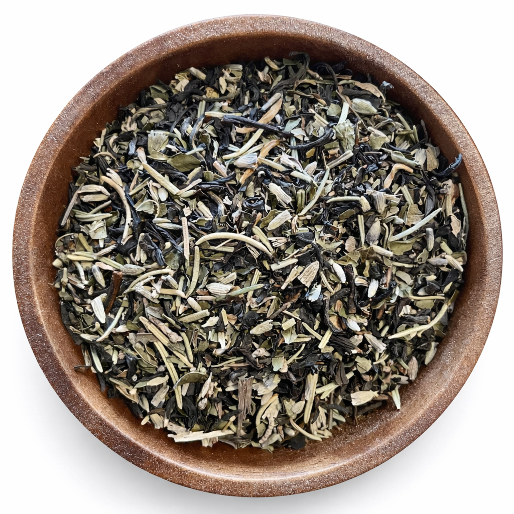 Wooden bowl filled with "Book Lovers" green tea leaves on a white background. -Clover's Charm