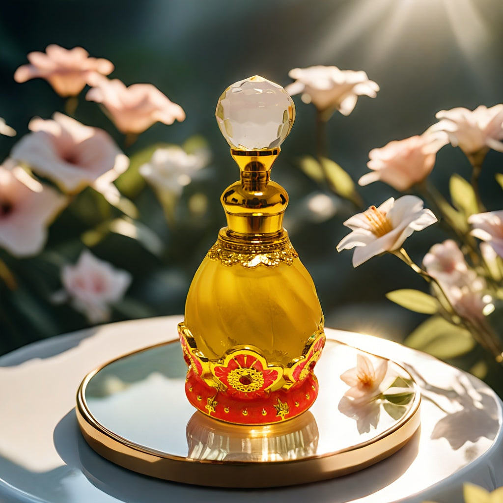 Burst Forth Sandalwood Essential Oil Perfume Gift Set by Thara Aloud decorative glass bottle display on a circular mirror and a floral background.
