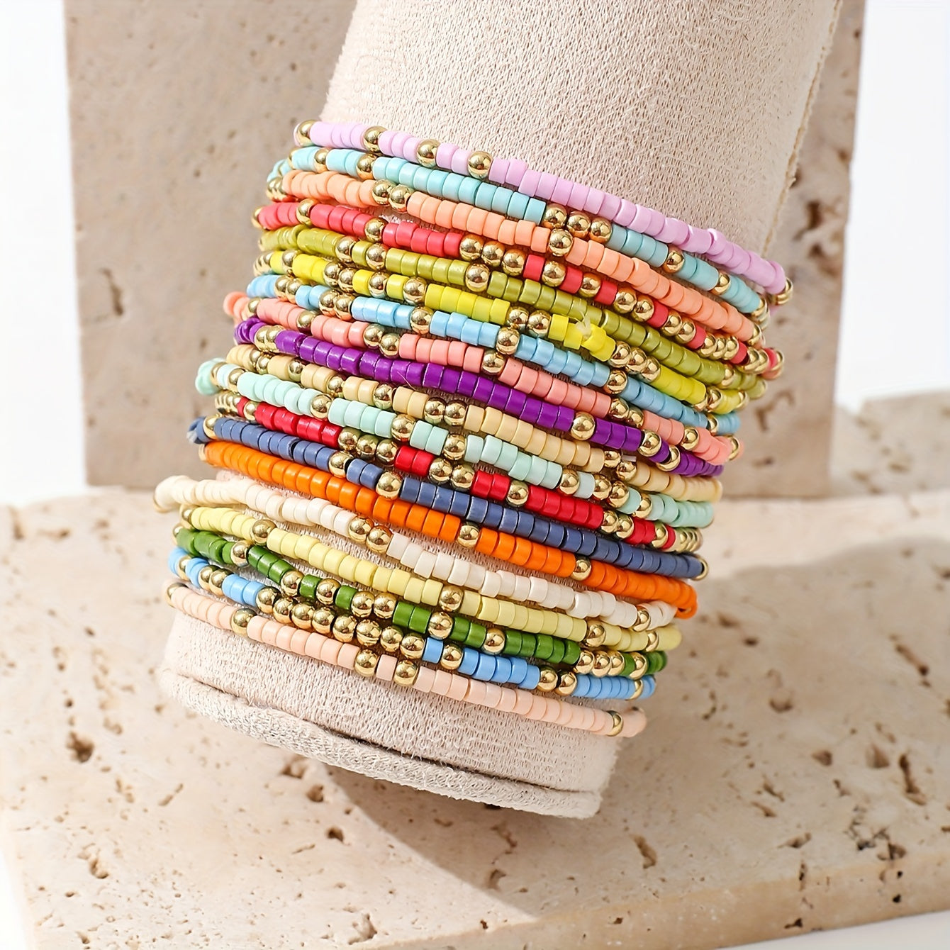 19-Piece Boho Style Beaded Bracelet Set - Mixed Glass and Plastic Beads, No Mosaic, Versatile for Daily and Vacation Wear, All-Season Compatible - Clover's Charm