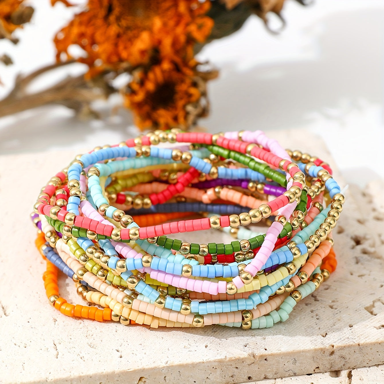 19-Piece Boho Style Beaded Bracelet Set - Mixed Glass and Plastic Beads, No Mosaic, Versatile for Daily and Vacation Wear, All-Season Compatible - Clover's Charm