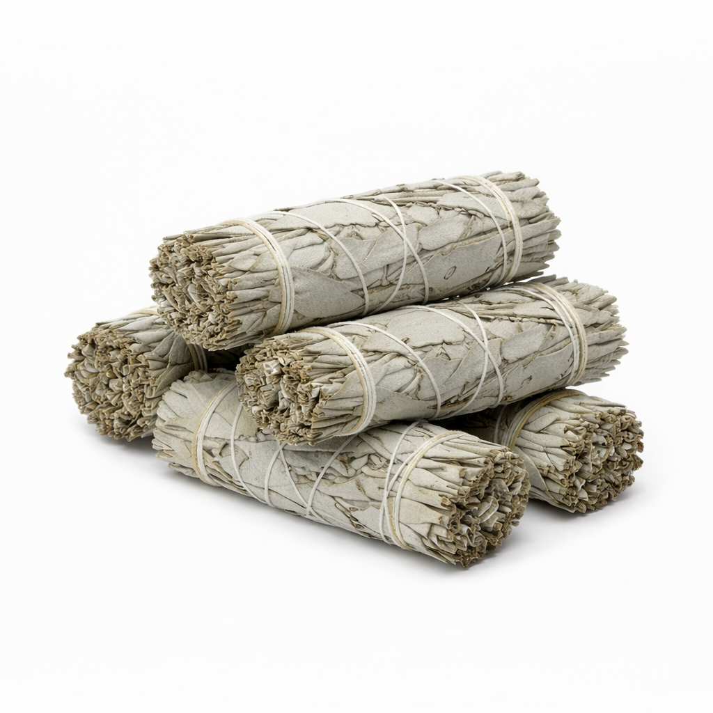 Five white sage smudge sticks tied with natural cotton twine, stacked neatly in a small pile on a pure white background.