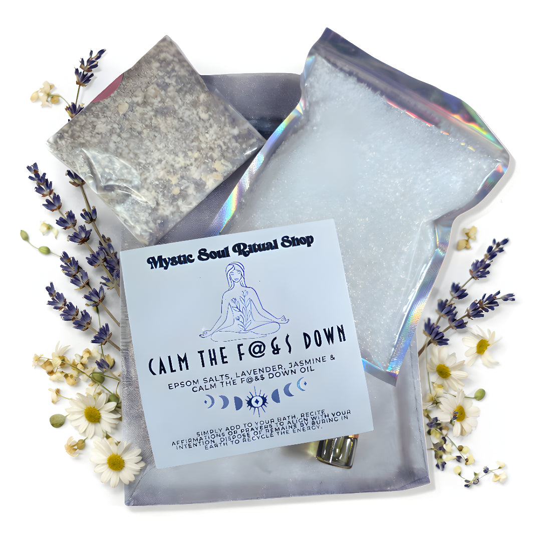 Epsom salt ritual bath kit with lavender, jasmine, and chamomile flowers arranged on pure white studio background