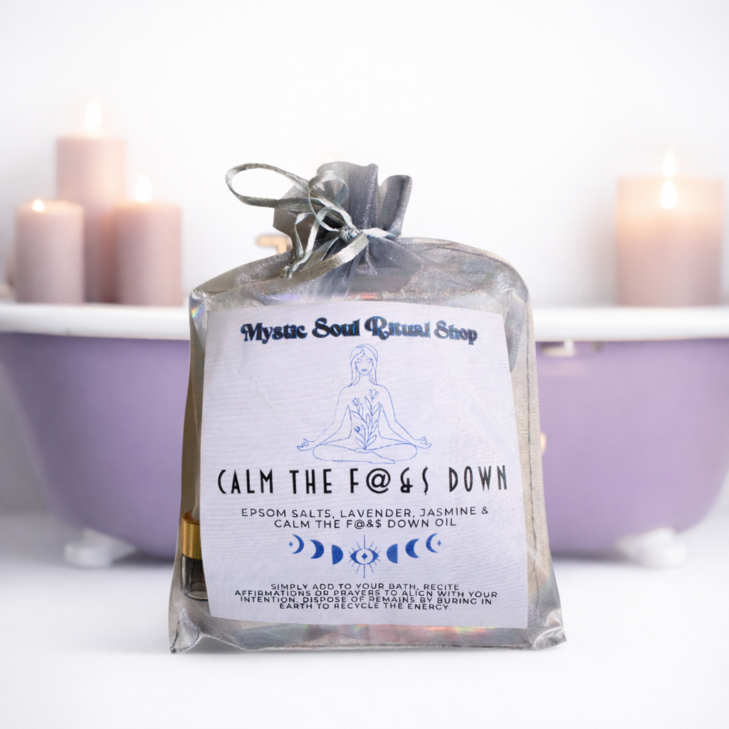 Ritual bath kit with Epsom salts displayed in spa tub setting with candles, lavender bath atmosphere, and calming lighting