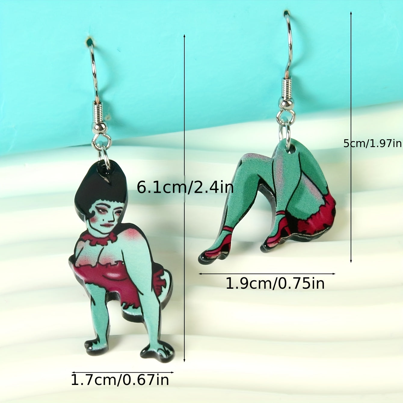 Cartoon Magician’s Assistant Acrylic Dangle Earrings with measurements