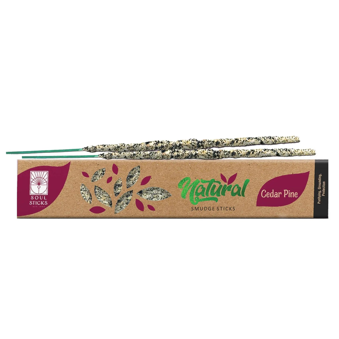 Box of Natural Smudge Sticks with green and purple elements on a white background - Clover's Charm
