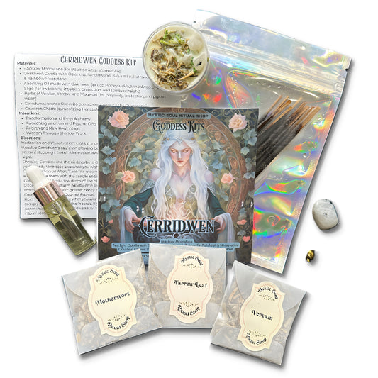 Ceridwen Goddess Kit with packaging, herbs, and incense on a white background