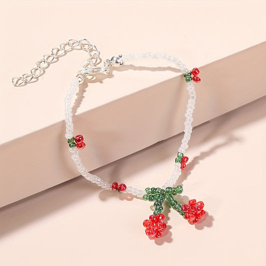 Cherry Beaded Bracelet with Red, Green & White Mini Beads – Elegant Alloy Design 