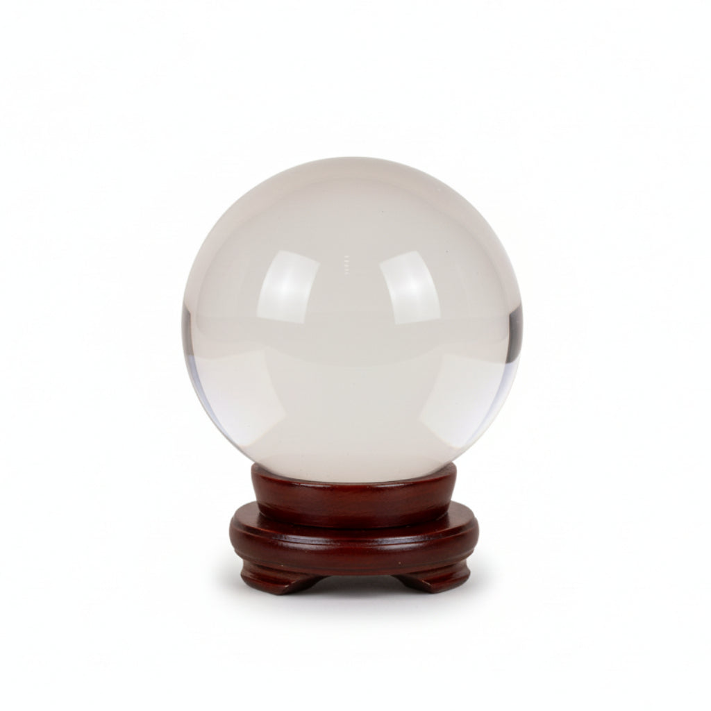 Clear crystal ball on a wooden stand against a white background