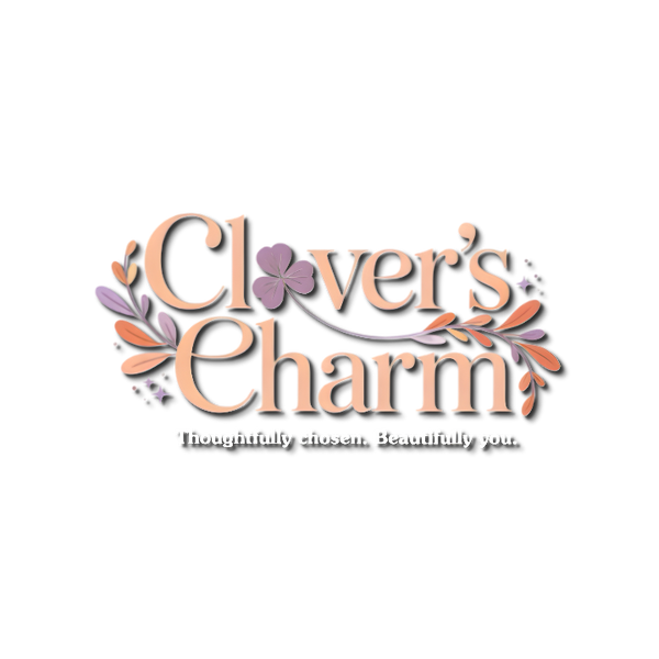 Logo for 'Clover's Charm' with decorative elements on a white background