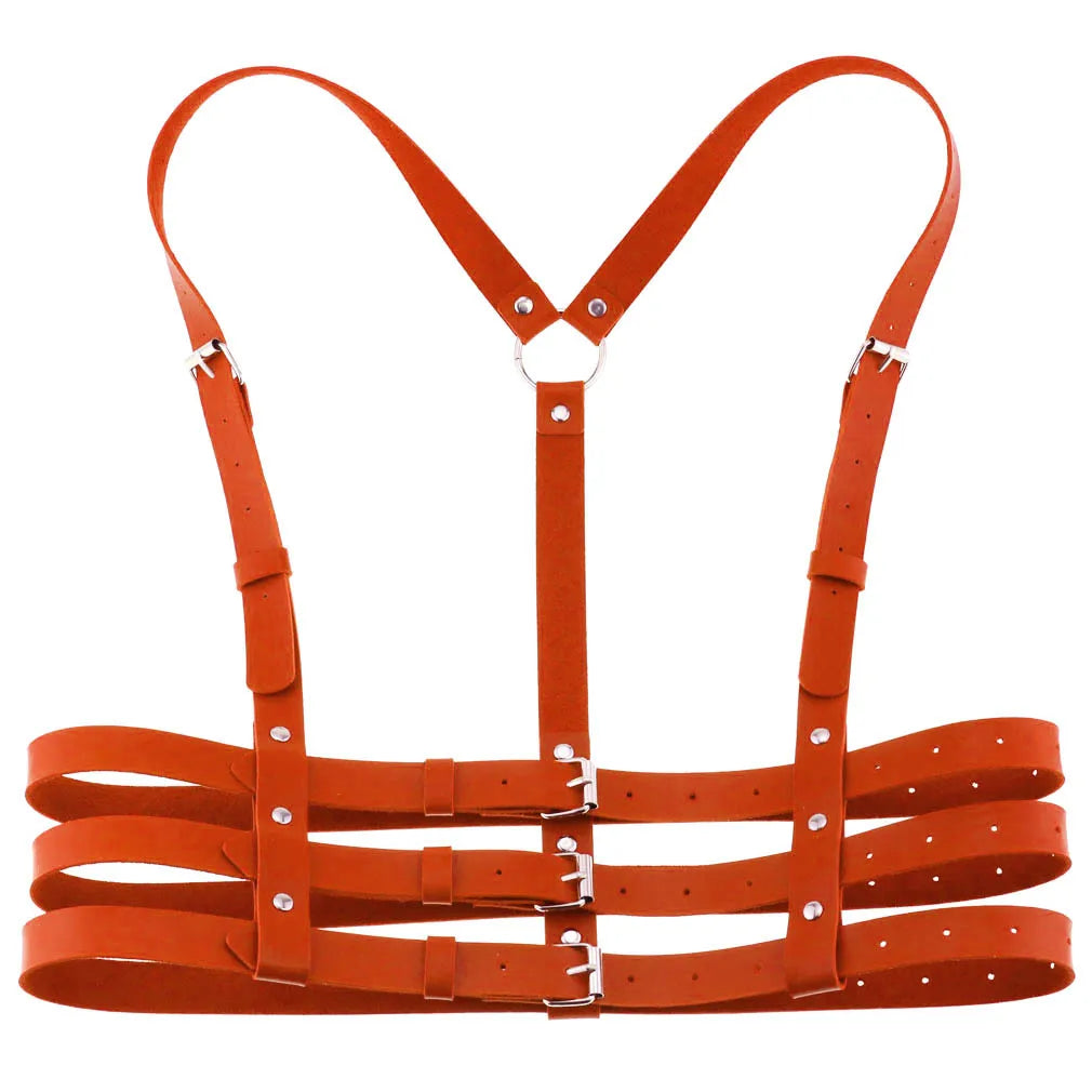 Orange PU leather harness on a white background