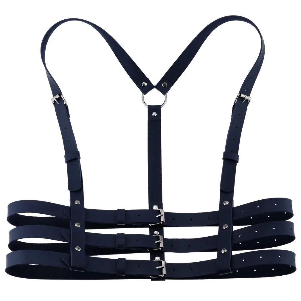 Dark blue PU leather harness with multiple straps on a white background