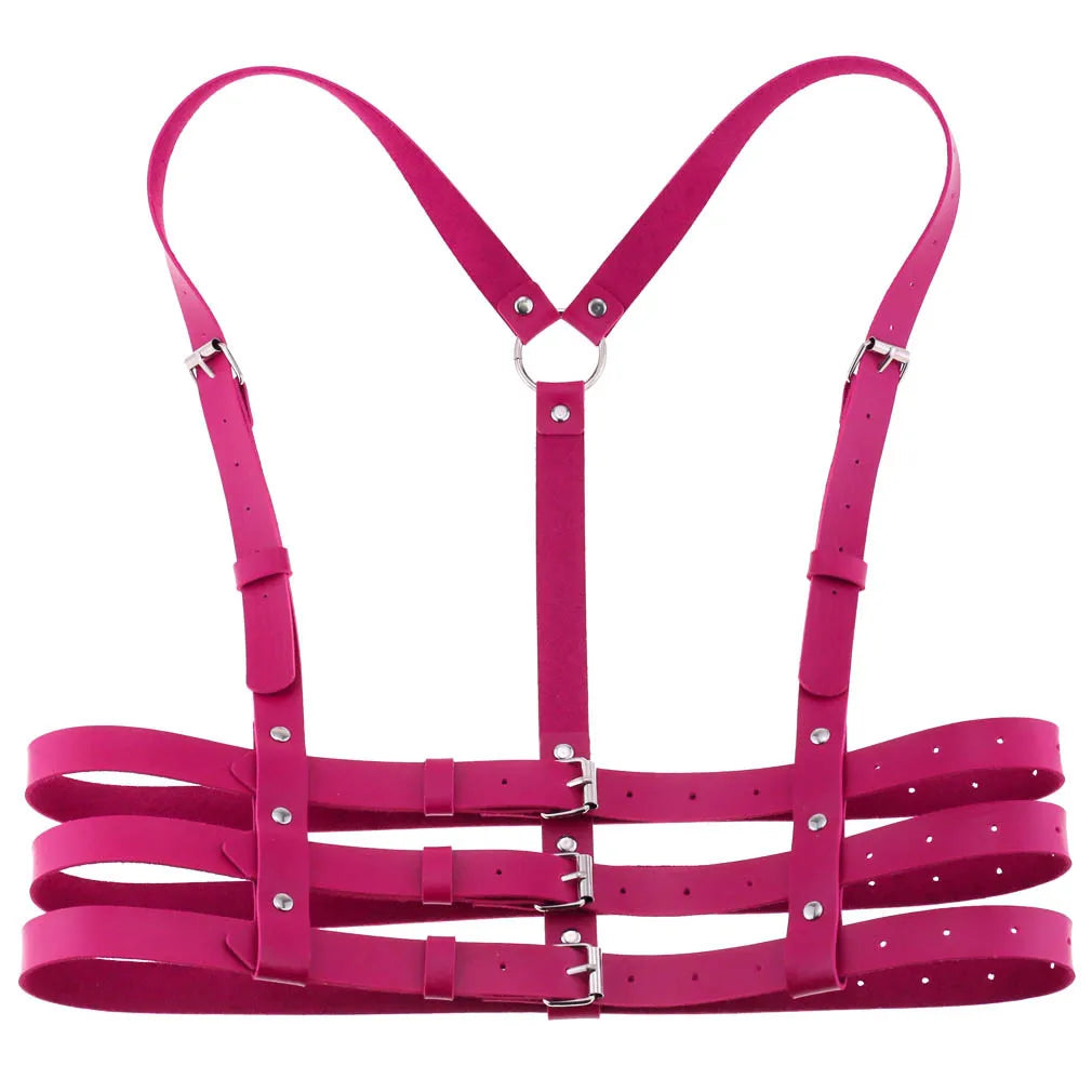 Pink PU leather harness with metal clasps on a white background