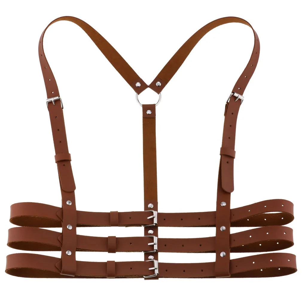 Brown PU leather harness with metal buckles on a white background