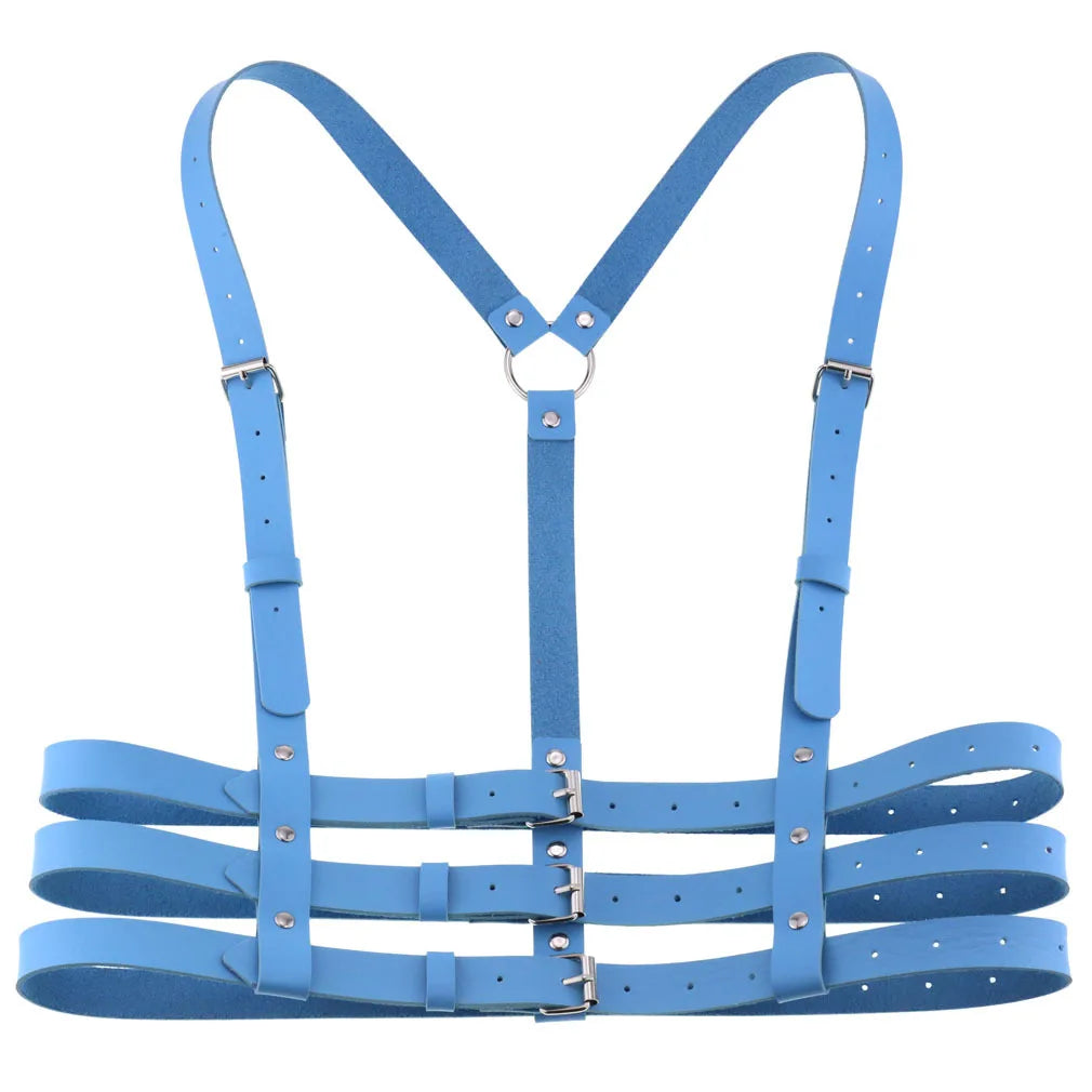 Blue PU leather harness on a white background