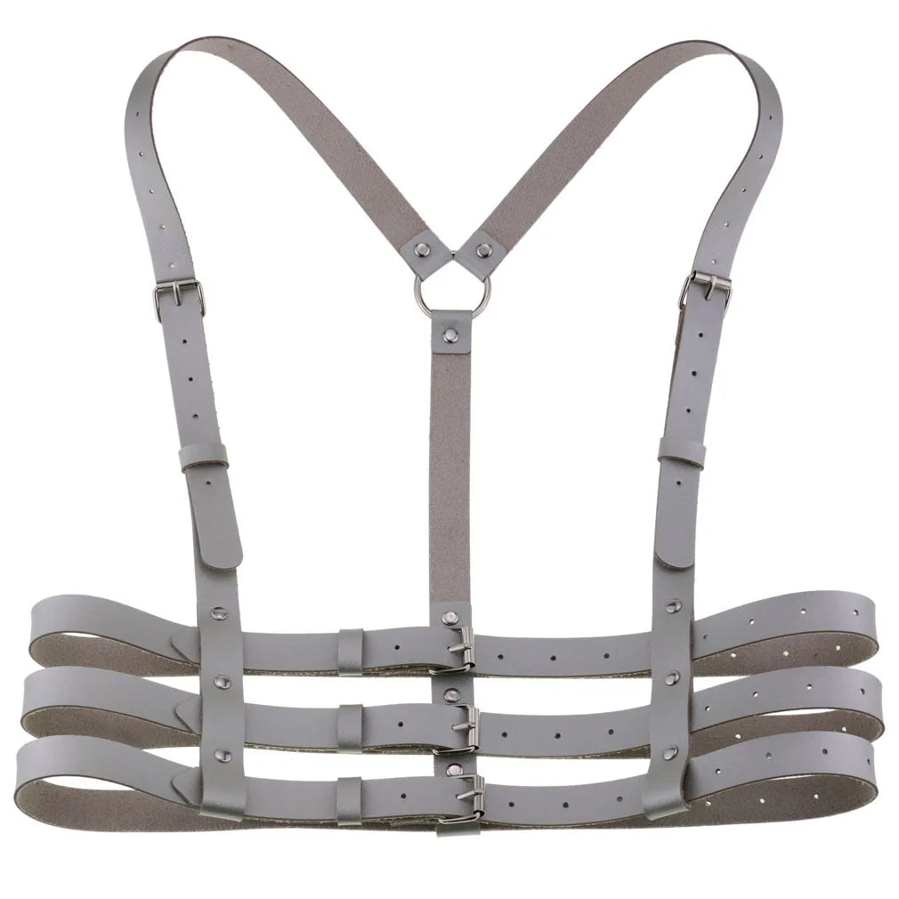 Silver PU leather harness on a white background