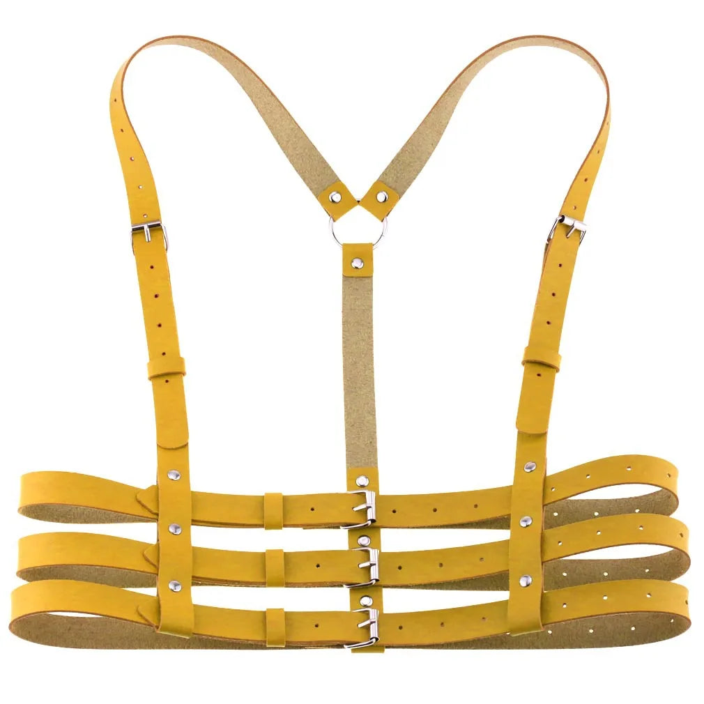 Yellow PU leather harness on a white background