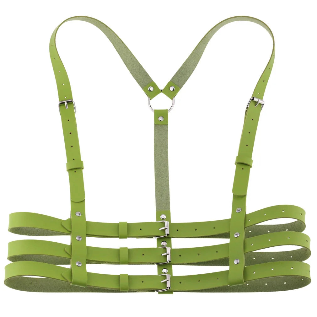 Green PU leather harness on a white background