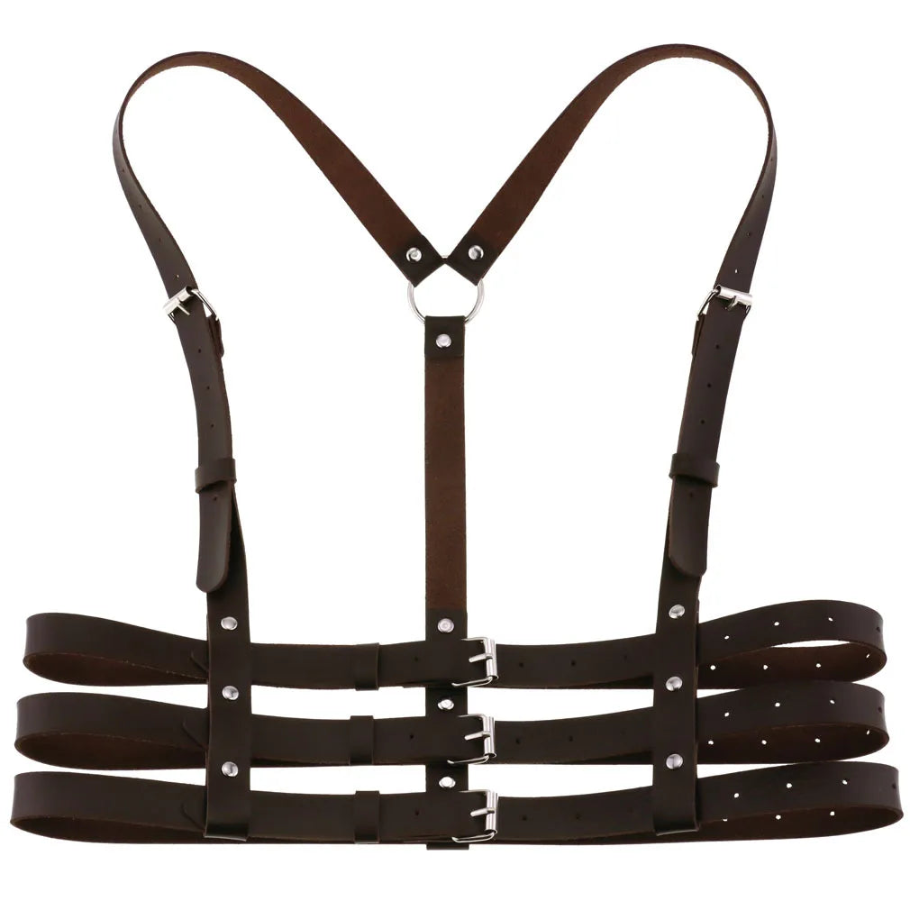 Dark Brown PU leather harness with multiple straps on a white background
