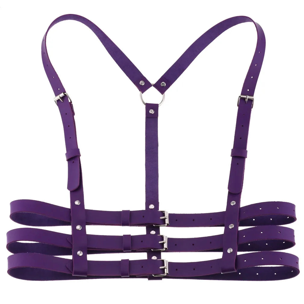 Purple PU leather harness on a white background