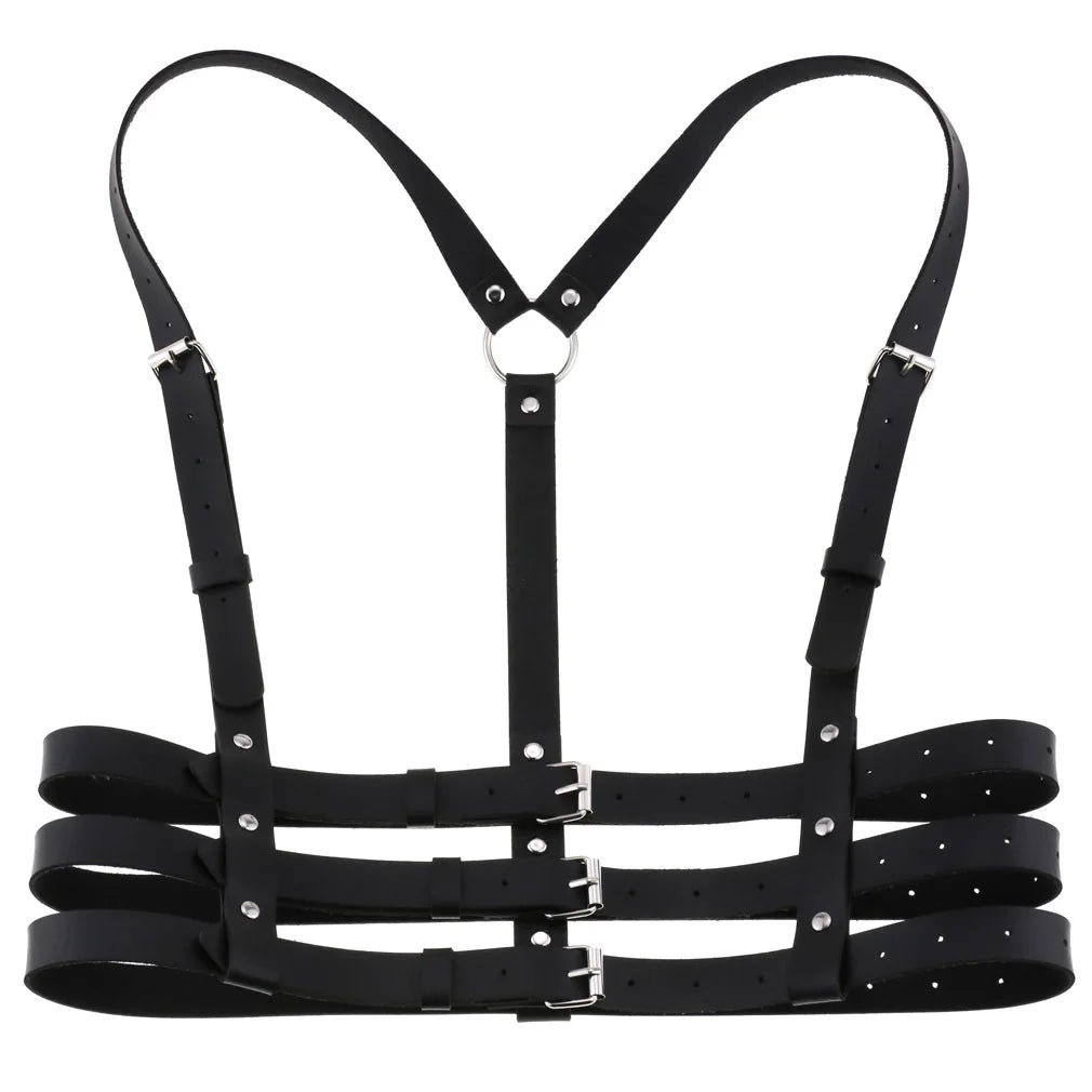 Black PU leather harness with metal buckles on a white background