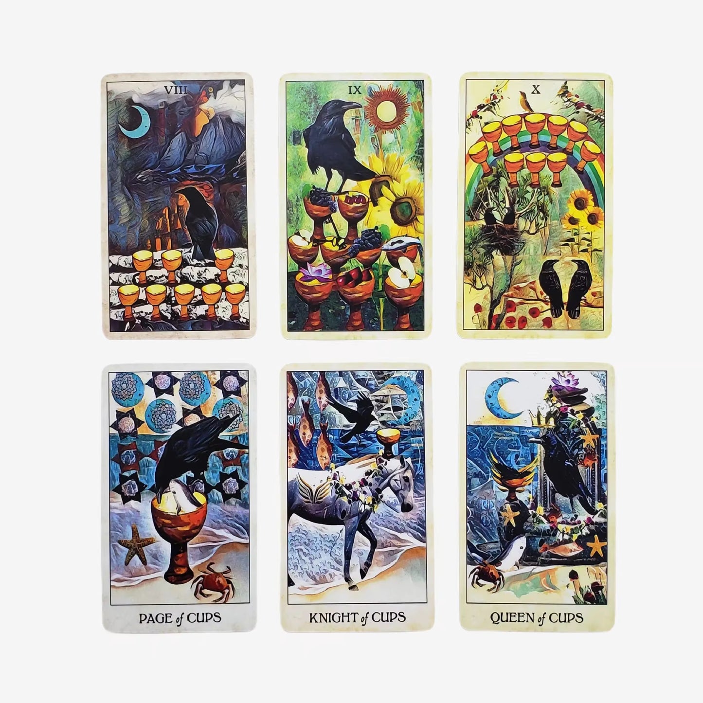 Set of six tarot cards featuring various illustrations on a white background