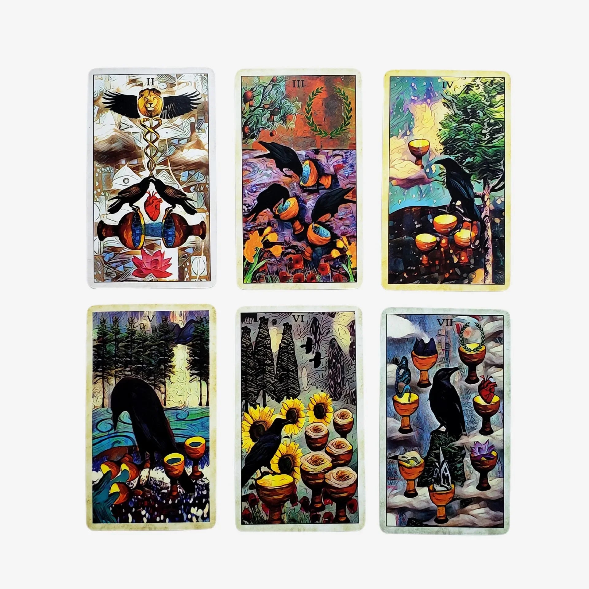 Set of six tarot cards with colorful artwork on a white background