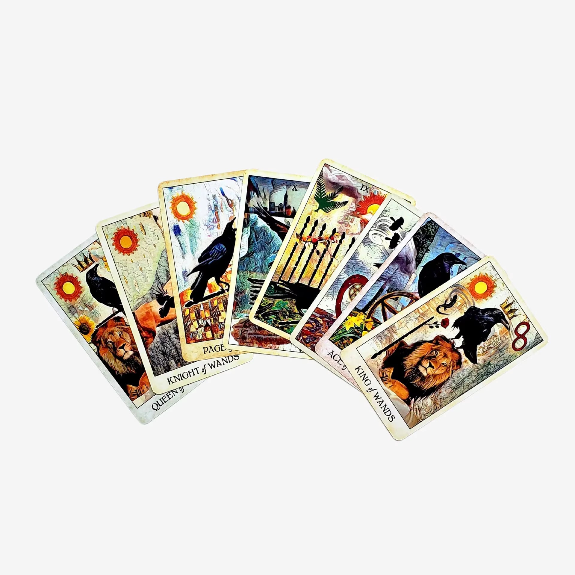 Set of tarot cards with various illustrations on a white background