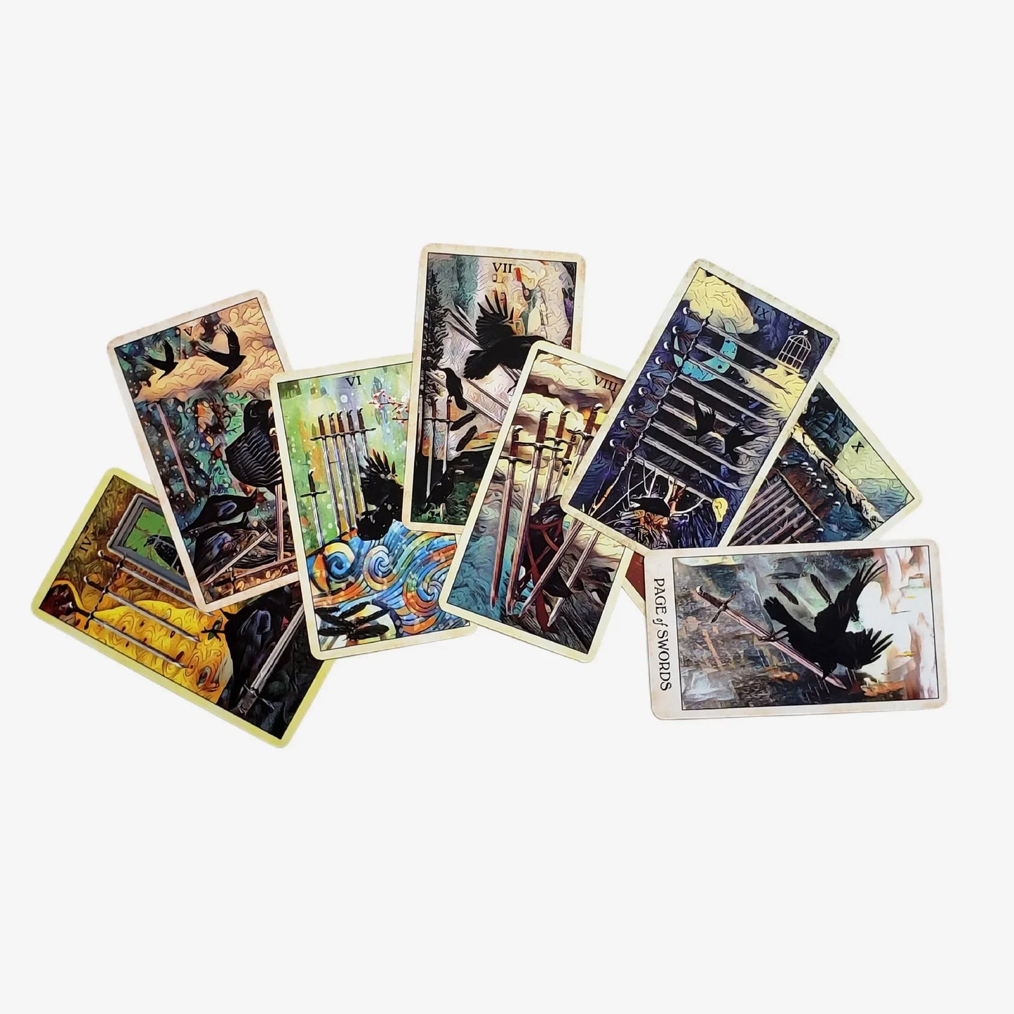 Collection of tarot cards spread out with intricate designs on a white background