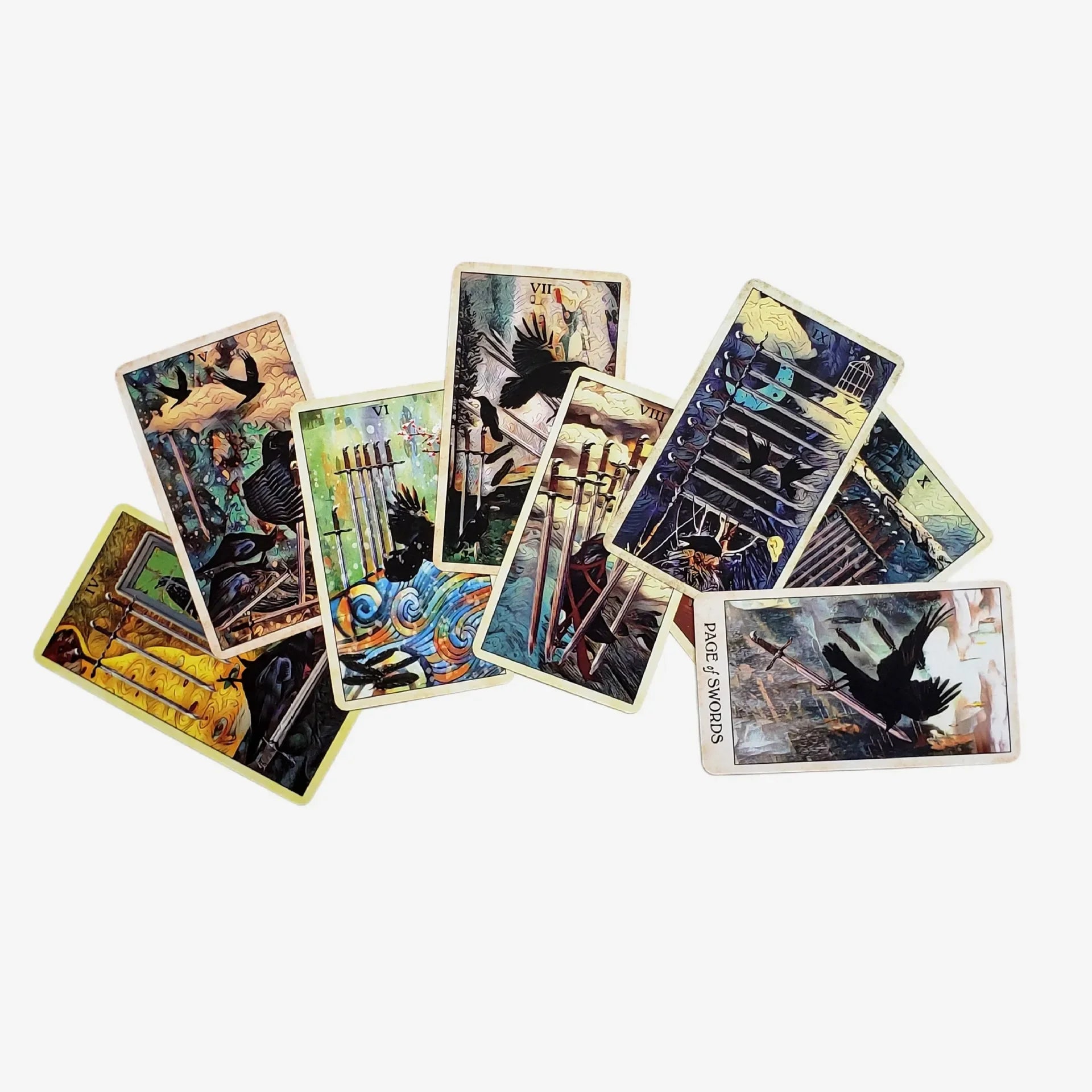 Collection of tarot cards spread out with intricate designs on a white background