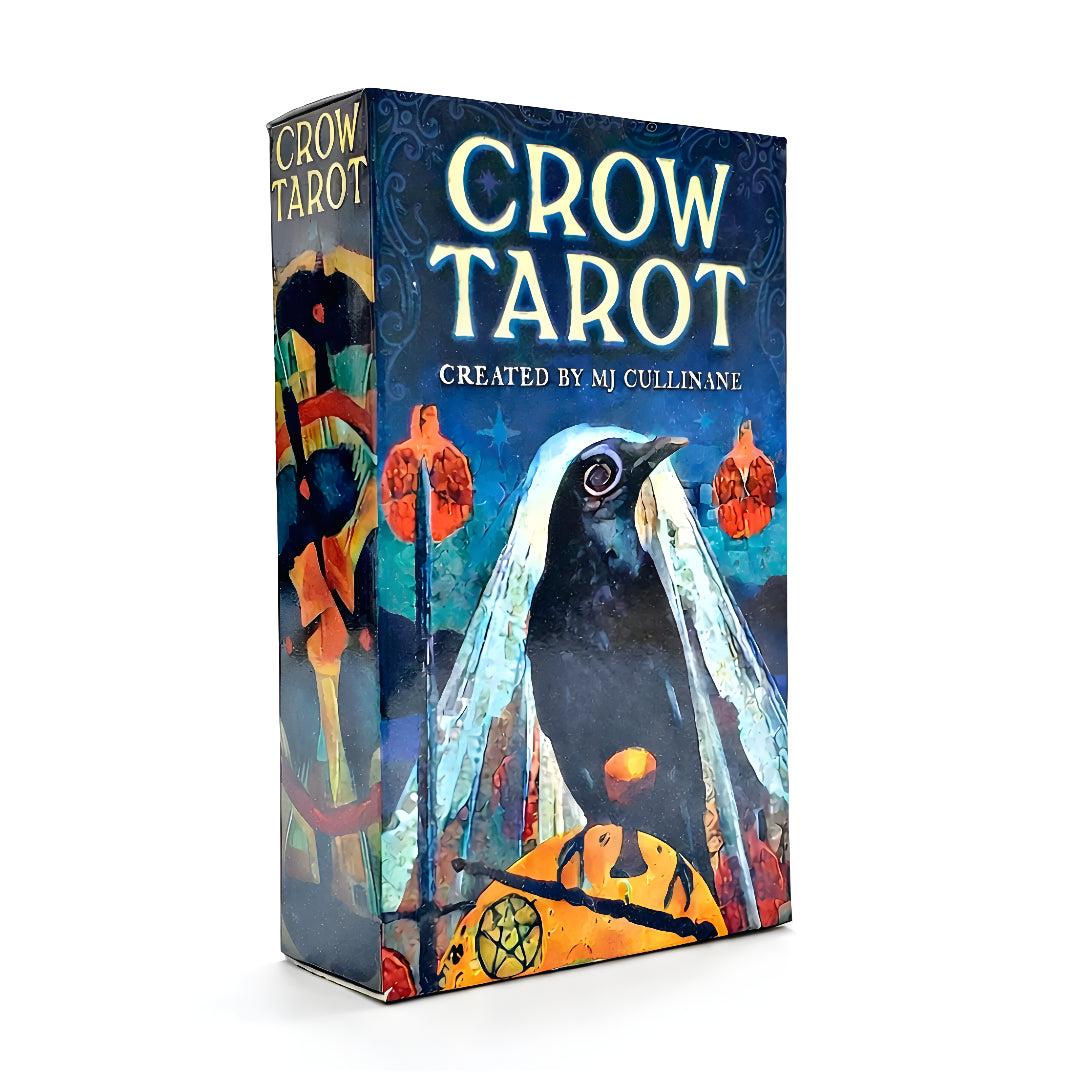 Crow Tarot card box with colorful artwork and text on a white background